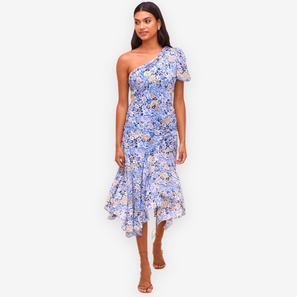 ASTR the Label Santorini One Shoulder Floral Gown in Navy Blue Floral Print